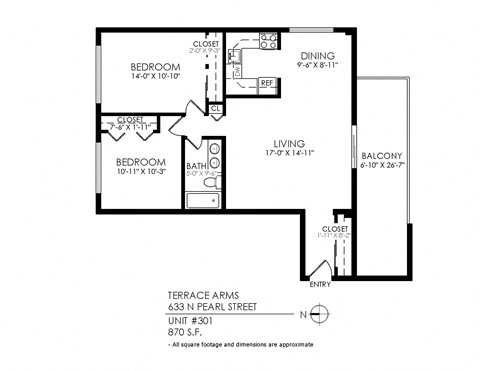 Floor plan for 2 beds, 1 bath, 870 sqft